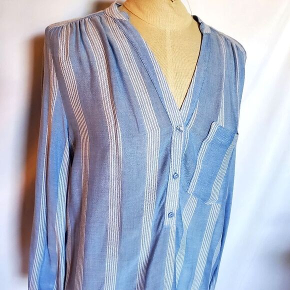 H&M Blue & White Striped Blouse V Neck Long Sleeve Top Shirt Tunic - Picture 7 of 7